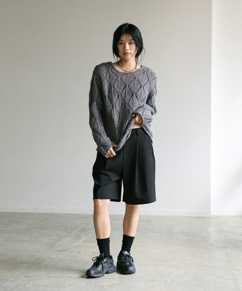 セール】透かし編みクルーネックニットトップス（ニット/セーター