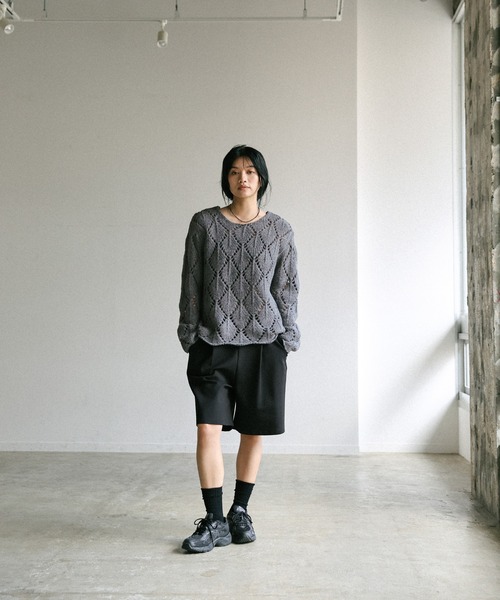 セール】透かし編みクルーネックニットトップス（ニット/セーター