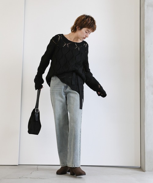 セール】透かし編みクルーネックニットトップス（ニット/セーター