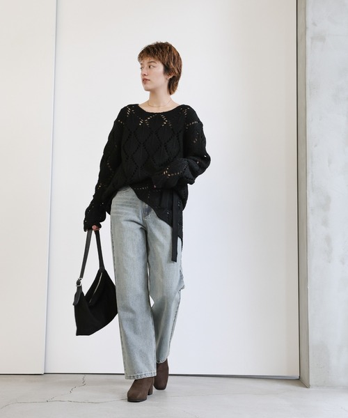 select MOCA(セレクトモカ)の「透かし編みクルーネックニットトップス(ニット/セーター・レディース・チャコール/アイボリー/ブラック・FREE)」の6枚目の写真