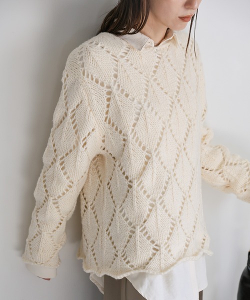 セール】透かし編みクルーネックニットトップス（ニット/セーター