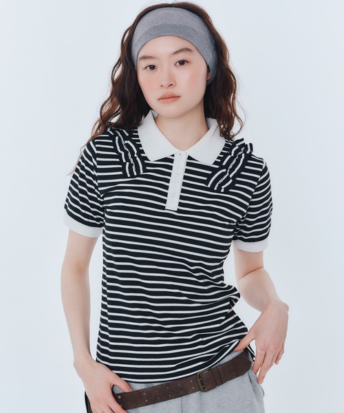 FCMM(エフシーエムエム)の「【日本限定】BORDER POLO SHIRT / ボーダーポロシャツ(ポロシャツ・レディース・ピンク/ライトグレー/ブラック/ネイビー・SMALL/MEDIUM)」の1枚目の写真