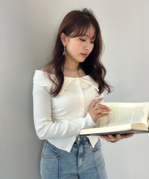 tシャツ ipugo/イプゴ リブボタン オフショルダー レディース ipugo/イプゴ リブボタン オフショルダー（Tシャツ/カットソー