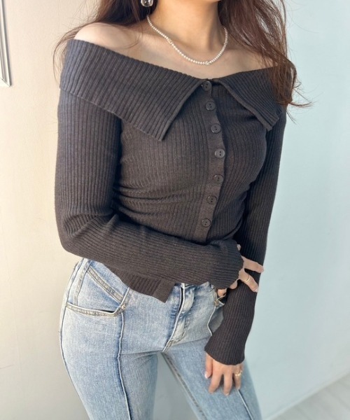 tシャツ ipugo/イプゴ リブボタン オフショルダー レディース ipugo/イプゴ リブボタン オフショルダー（Tシャツ/カットソー