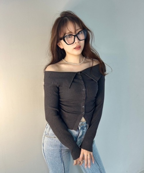 tシャツ ipugo/イプゴ リブボタン オフショルダー レディース ipugo/イプゴ リブボタン オフショルダー（Tシャツ/カットソー