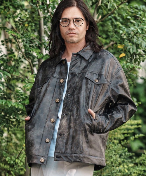 mj10846- Vintage Like Synthetic Leather 3rd Trucker Jacket