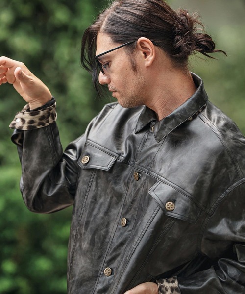 mj10846- Vintage Like Synthetic Leather 3rd Trucker Jacket