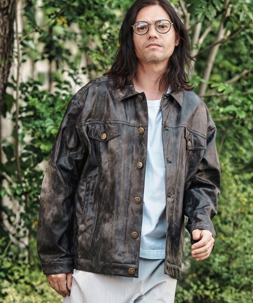 mj10846- Vintage Like Synthetic Leather 3rd Trucker Jacket