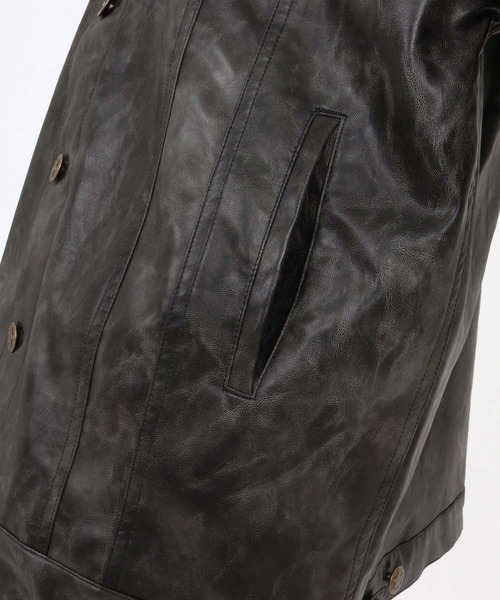 mj10846- Vintage Like Synthetic Leather 3rd Trucker Jacket