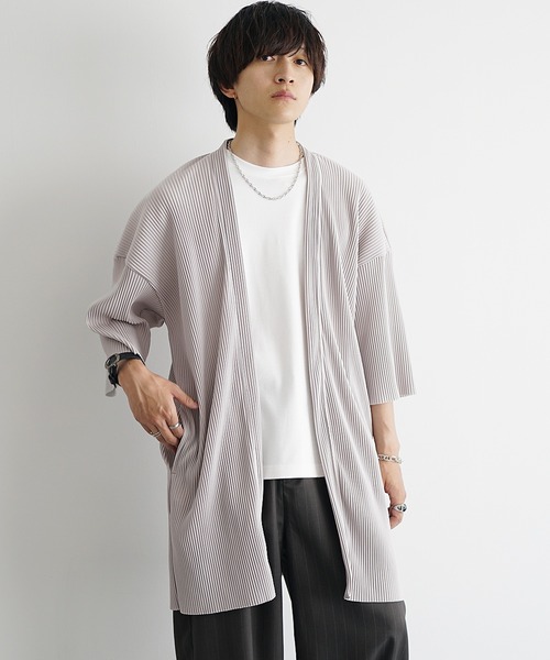 MinoriTY(マイノリティ)の「【MinoriTY】さら艶プリーツロングカーディガン 半袖カーディガン メンズ 夏服(カーディガン/ボレロ・メンズ・カーキ/グレー/ブラック・M/L)」の3枚目の写真