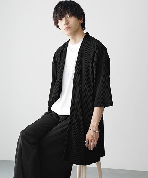 MinoriTY(マイノリティ)の「【MinoriTY】さら艶プリーツロングカーディガン 半袖カーディガン メンズ 夏服(カーディガン/ボレロ・メンズ・カーキ/グレー/ブラック・M/L)」の2枚目の写真