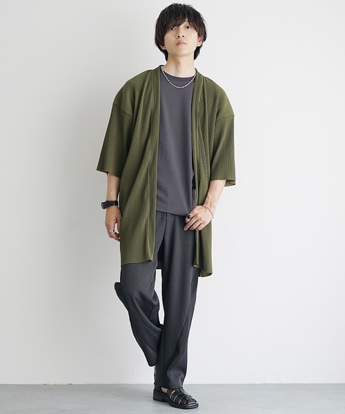 グリーンのロングカーディガン 半袖 MinoriTY】さら艶プリーツロングカーディガン 半袖カーディガン メンズ