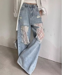 Mayree | 【Mayree】レース ダメージ クラッシュ デニム バギーパンツ(デニムパンツ)