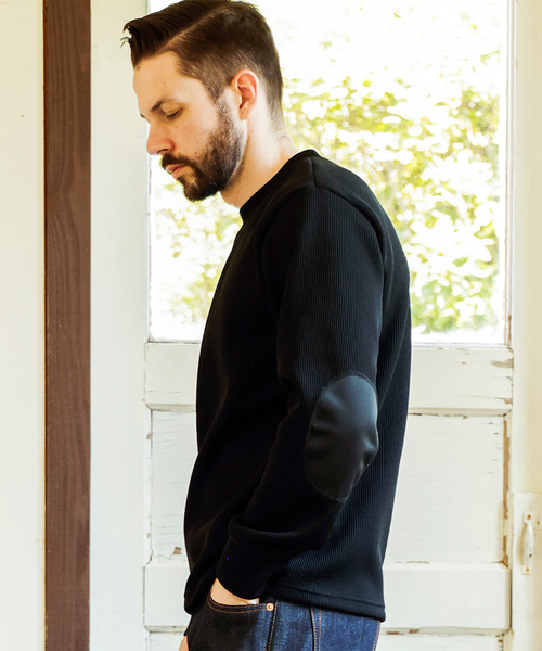 MR.OLIVE(ミスターオリーブ)の「MR.OLIVE ミスターオリーブ / AZE POLYESTER ELBOW PATCH SHIRT ローゲージニットエルボーパッチトップス / M253127(スウェット・メンズ・ブラック/グリーン・MEDIUM/LARGE)」の2枚目の写真