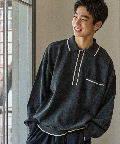 niko and...(ニコアンド)の「配色ニットポロ(ポロシャツ・メンズ・グリーン/チャコール/アイボリー・LARGE/MEDIUM)」の2枚目の写真