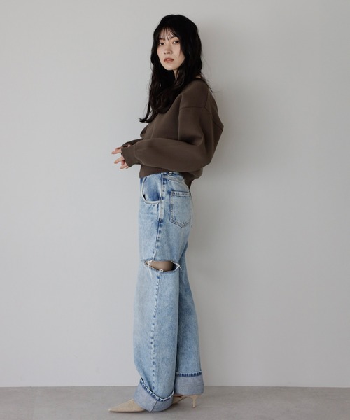 ENC（エンク）の「sweat like knit pullover / スウェットライクニットプルオーバー（ニット/セーター・レディース・ブラウン/グレー/オフホワイト・FREE）」の5枚目の写真