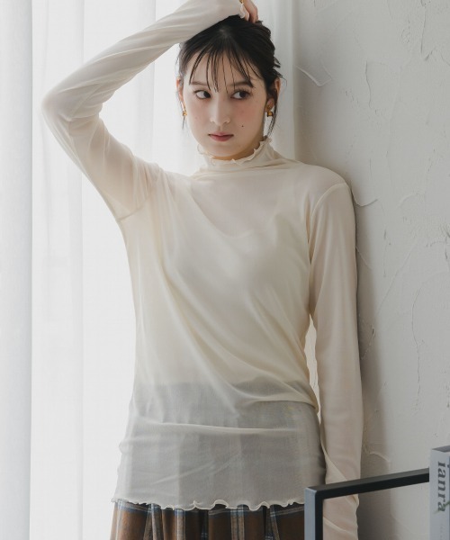 メゾンドアール　シアーコットンハイネックカットソー　　アイボリー・チャコール メゾンドアール シアーコットンハイネックカットソー アイボリー