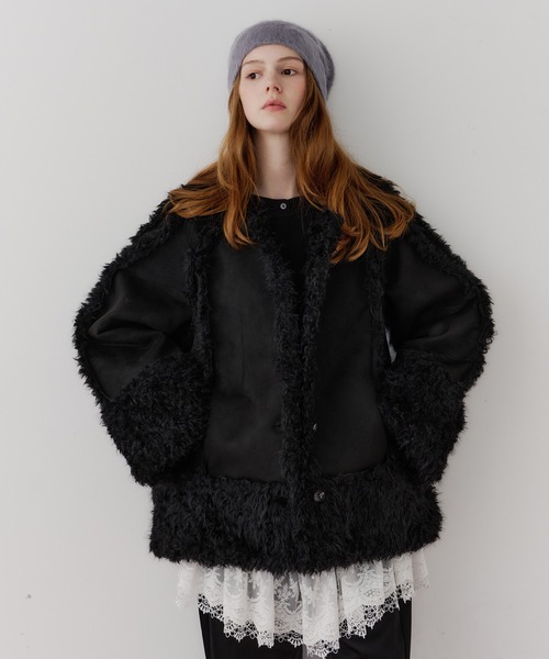 セール】ノーカラームートンライクボンディングコート（ノーカラー