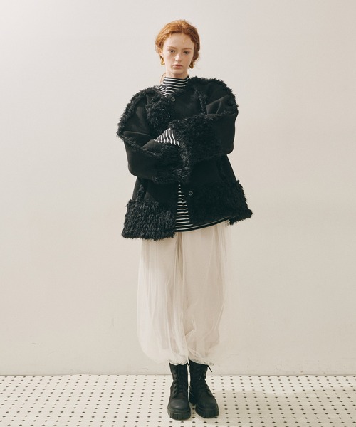 セール】ノーカラームートンライクボンディングコート（ノーカラー