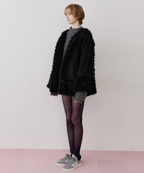 セール】ノーカラームートンライクボンディングコート（ノーカラー