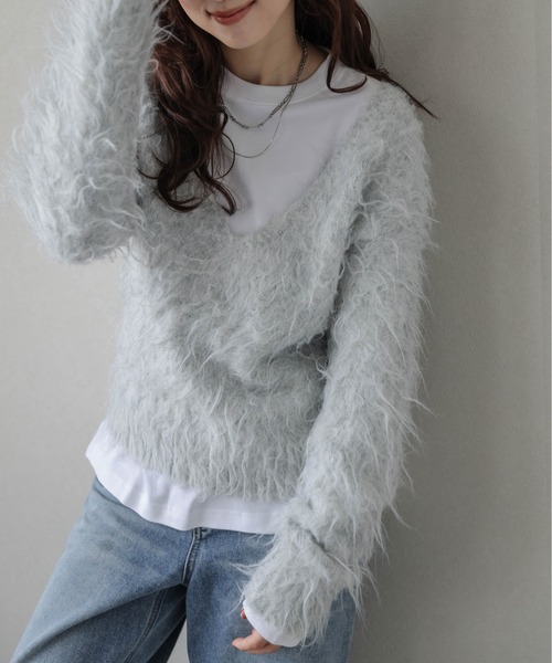 AMELY(エミリー)の「Vネックシャギーニットトップス(ニット/セーター・レディース・アイボリー/ブラック/ベージュ/ライトグレー/ブラウン・フリー)」の19枚目の写真