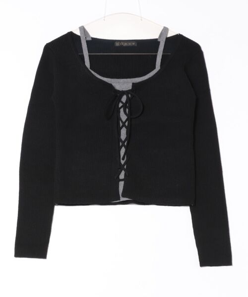 GORGE（ゴージ）の「《レースアップ×フェイクレイヤード》レディース リブニット カーデ トップス ドッキング風 春秋冬（ニット/セーター・レディース・ブラック/オフホワイト/チャコール・F）」の14枚目の写真
