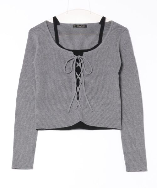 GORGE（ゴージ）の「《レースアップ×フェイクレイヤード》レディース リブニット カーデ トップス ドッキング風 春秋冬（ニット/セーター・レディース・ブラック/オフホワイト/チャコール・F）」の15枚目の写真