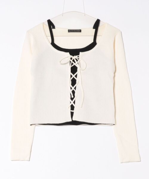 GORGE（ゴージ）の「《レースアップ×フェイクレイヤード》レディース リブニット カーデ トップス ドッキング風 春秋冬（ニット/セーター・レディース・ブラック/オフホワイト/チャコール・F）」の16枚目の写真