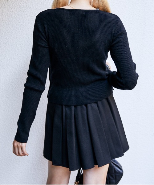 GORGE（ゴージ）の「《レースアップ×フェイクレイヤード》レディース リブニット カーデ トップス ドッキング風 春秋冬（ニット/セーター・レディース・ブラック/オフホワイト/チャコール・F）」の7枚目の写真