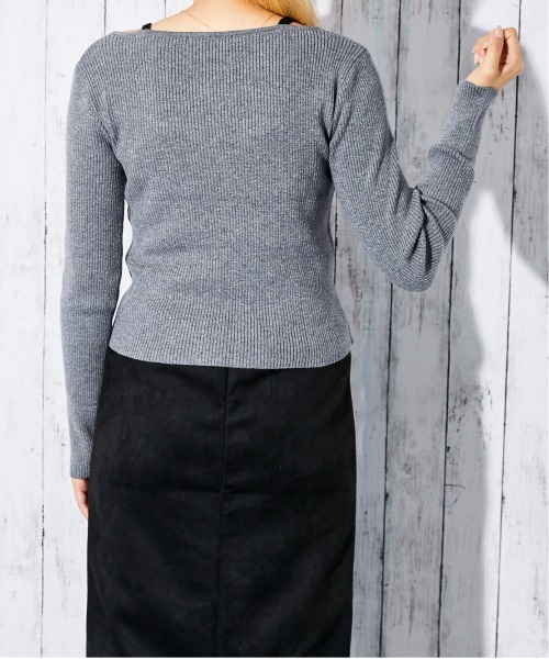 GORGE（ゴージ）の「《レースアップ×フェイクレイヤード》レディース リブニット カーデ トップス ドッキング風 春秋冬（ニット/セーター・レディース・ブラック/オフホワイト/チャコール・F）」の10枚目の写真