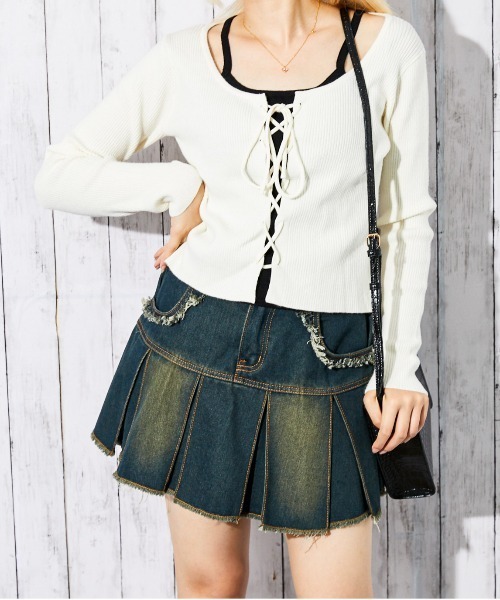 GORGE（ゴージ）の「《レースアップ×フェイクレイヤード》レディース リブニット カーデ トップス ドッキング風 春秋冬（ニット/セーター・レディース・ブラック/オフホワイト/チャコール・F）」の11枚目の写真