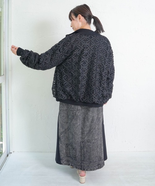 753006：花柄チュール重ねニットブルゾン