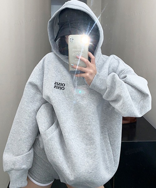Dalfwin(ダールフィン)の「韓国ファッション OISIS刺繍ロゴVネックフーディー(パーカー・レディース・グレー/ブラック・FREE)」の17枚目の写真