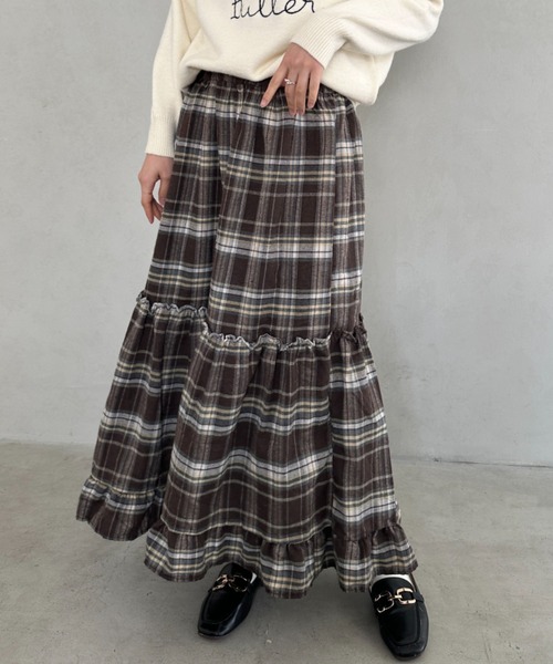 wears(ウェアーズ)の「チェック柄ティアードフリルロングスカート(スカート・レディース・ネイビー/ブラウン・FREE)」の3枚目の写真