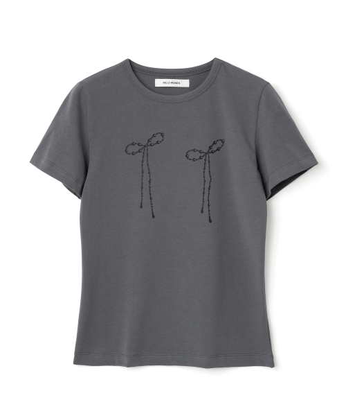MILLO WOMEN（ミロウーマン）の「パール リボン Tシャツ [チャコール]（Tシャツ/カットソー・レディース・その他・FREE）」の2枚目の写真