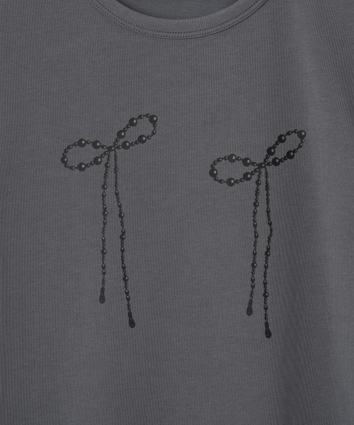 MILLO WOMEN（ミロウーマン）の「パール リボン Tシャツ [チャコール]（Tシャツ/カットソー・レディース・その他・FREE）」の5枚目の写真