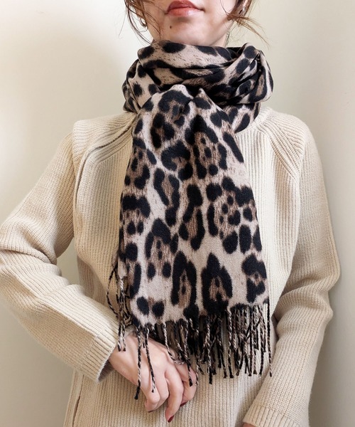 ◆おふく◆イタリア製　レオパード　フリンジストール　ショール　豹柄 セール】25-26AW新作 レオパード柄大判フリンジストール モノトーン