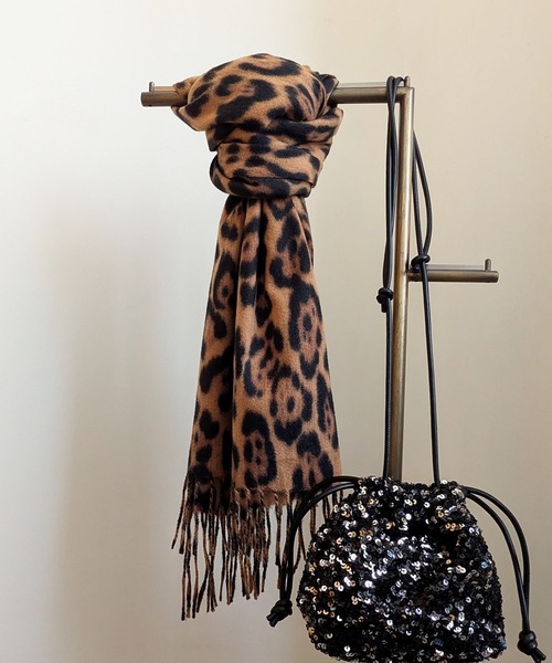 セール】25-26AW新作 レオパード柄大判フリンジストール モノトーン