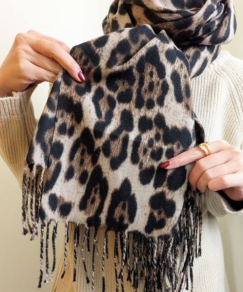 セール】25-26AW新作 レオパード柄大判フリンジストール モノトーン