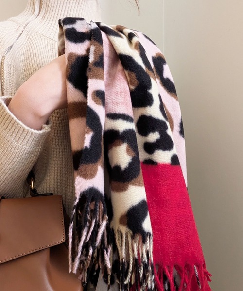 セール】25-26AW新作 レオパード柄大判フリンジストール モノトーン