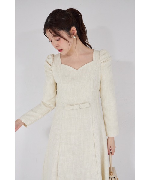 tocco closet（トッコ　クローゼット）の「【ZOZO限定】ハートネックウエストリボン装飾ツイードワンピース（ワンピース・レディース・ピンク/オフホワイト/ブラック・M）」の2枚目の写真