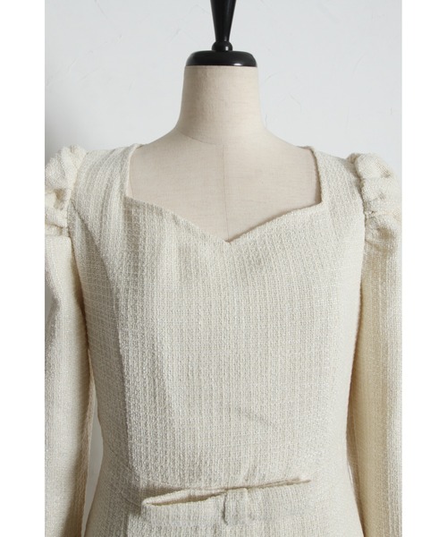 tocco closet（トッコ　クローゼット）の「【ZOZO限定】ハートネックウエストリボン装飾ツイードワンピース（ワンピース・レディース・ピンク/オフホワイト/ブラック・M）」の9枚目の写真