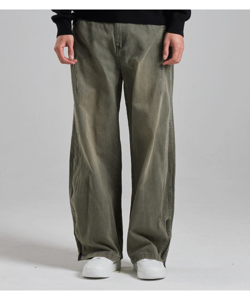 BUTTON SEOUL(ボタンソウル)の「ピンタックステッチラインワイドデニムパンツ(カーキ)(デニムパンツ・メンズ・その他・MEDIUM/LARGE/X-LARGE)」の2枚目の写真