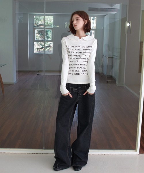 SOLWEIGE(ソルヴェイグ)の「【SOLWEIGE】レイヤード風 シャツカラーデザイン ロゴプリント スリムフィットTシャツ(Tシャツ/カットソー・レディース・グレー/ホワイト・L/S/M)」の9枚目の写真
