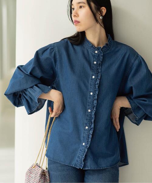 OPAQUE.CLIP（オペークドットクリップ）の「セルロース混デニムフリルブラウス【洗濯機OK】（シャツ/ブラウス・レディース・ネイビー/ブルー系その他・40/38/42）」の3枚目の写真