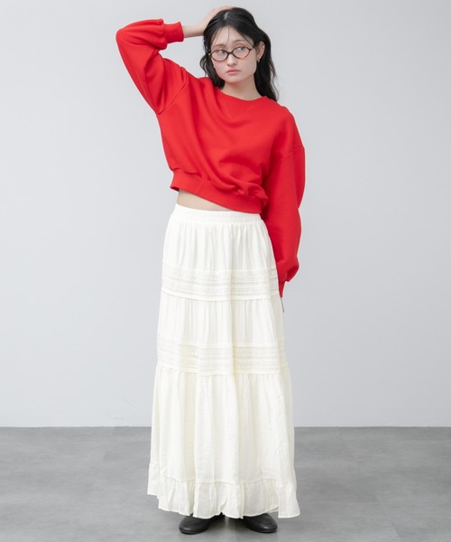 HEILIS(ヘイリス)の「ティアードレースロングスカート / レース 刺繍 アイボリー ロングスカート コットン 韓国 春服 夏服 秋服 ガーリー フレンチシック ティアード フレアスカート(スカート・レディース・アイボリー・FREE)」の6枚目の写真