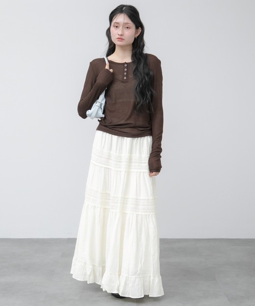 HEILIS(ヘイリス)の「ティアードレースロングスカート / レース 刺繍 アイボリー ロングスカート コットン 韓国 春服 夏服 秋服 ガーリー フレンチシック ティアード フレアスカート(スカート・レディース・アイボリー・FREE)」の13枚目の写真