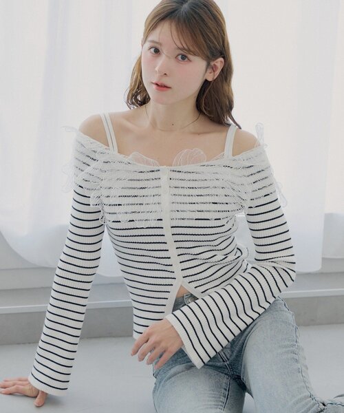 chico フラワーレースオフショル リブ デザインニット 新品 ブラック SALON by Chico】フラワーレースオフショルリブデザインニット
