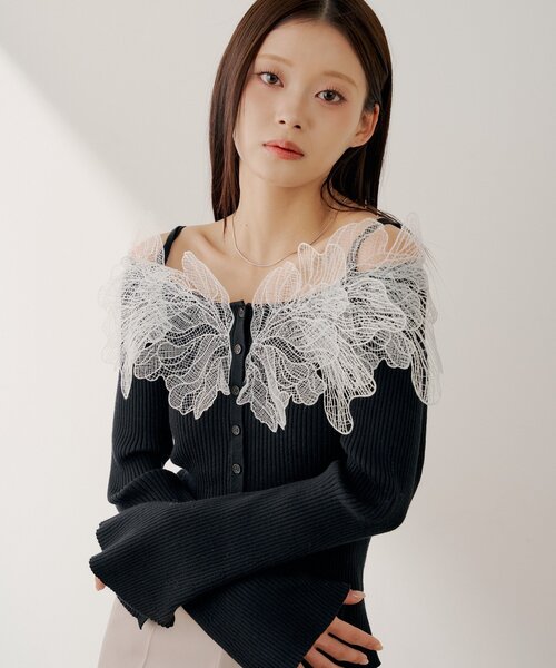 Chico（チコ）の「【SALON by Chico】フラワーレースオフショルリブデザインニット（カーディガン/ボレロ・レディース・グレー/ブラック/アイボリー・FREE）」の4枚目の写真