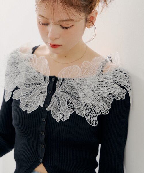 【極美品】ノコオーノ　長袖カーディガン　フリルチュールレース　花柄刺繍 チュール刺繍ハーフスリーブカーディガン/le.coeur blanc(ルクール